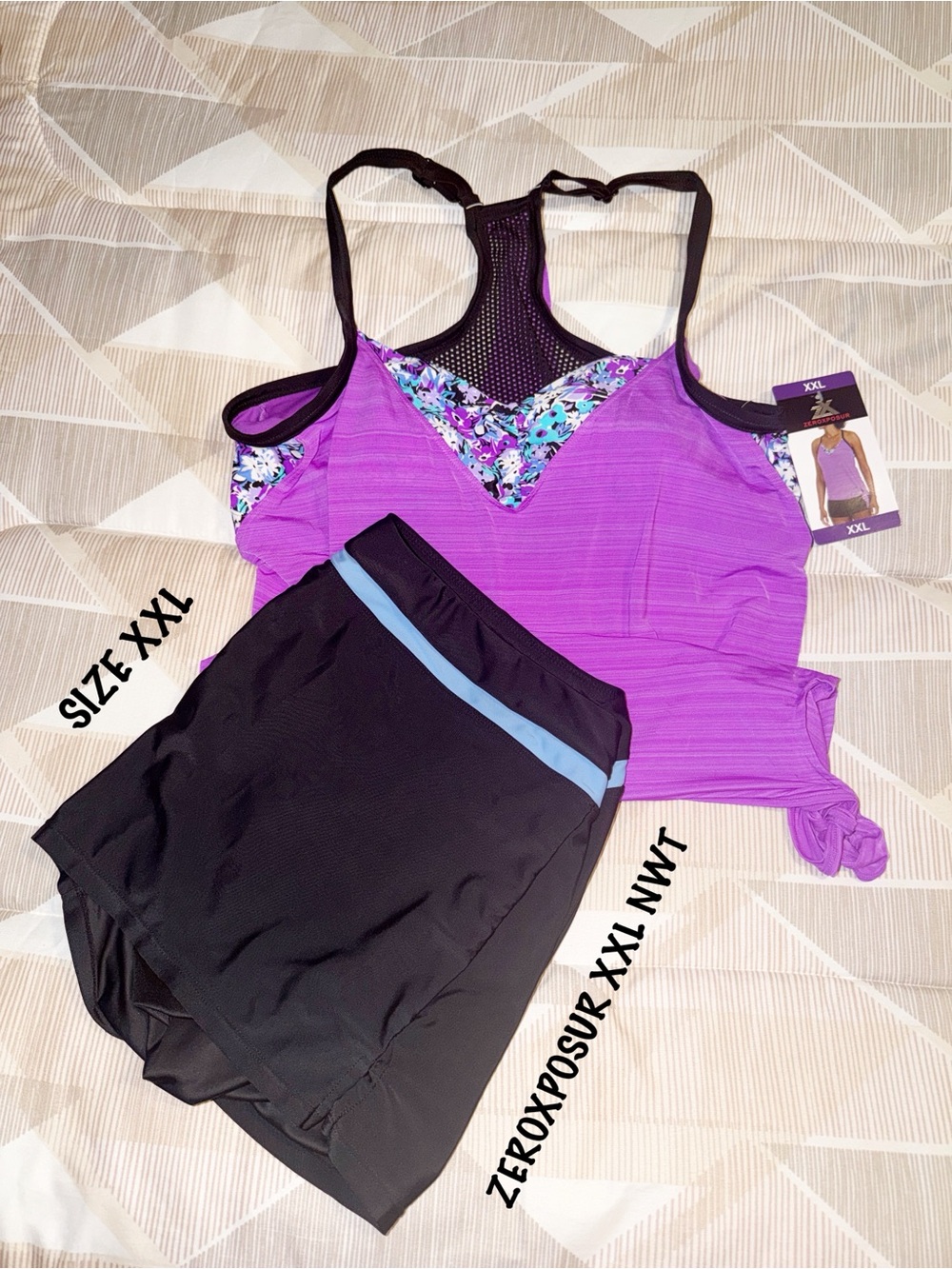 Purple Floral Trim Athletic Tankini with Black Swim Shorts NWT XXL